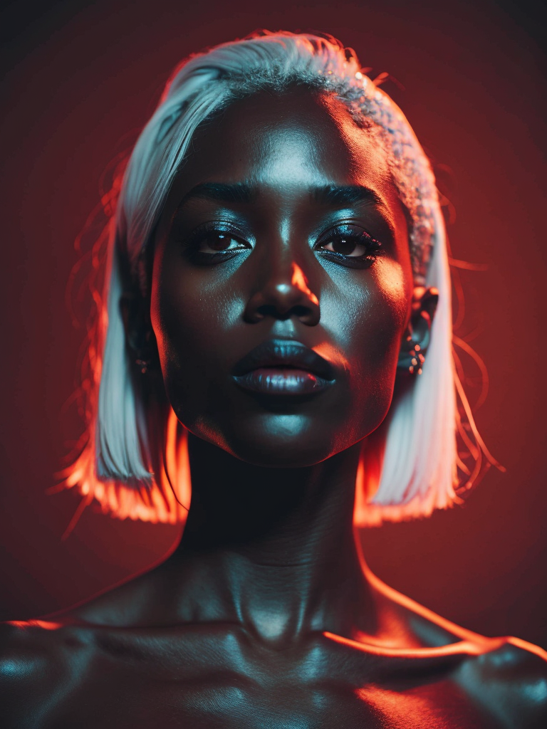 black girl on a red background, red light reflection on her face, White hair
