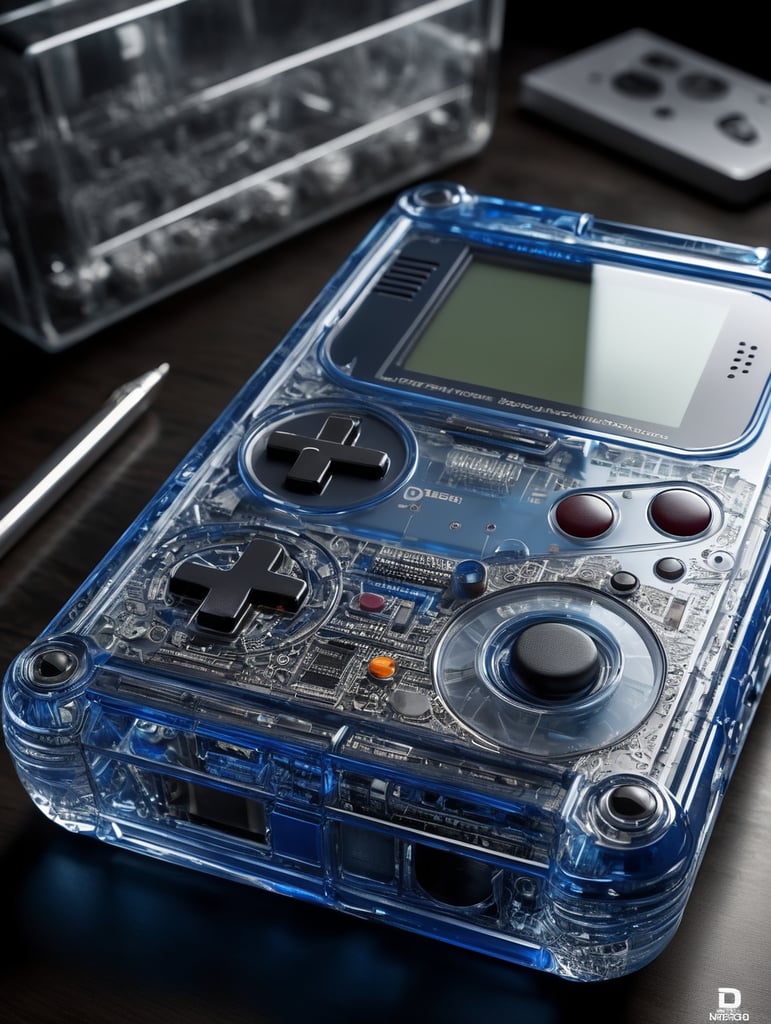 A see through blue translucent game boy designed by dieter rams. industrial design inspiration. unreal engine render, natural lighting, on desk, beautiful shot
