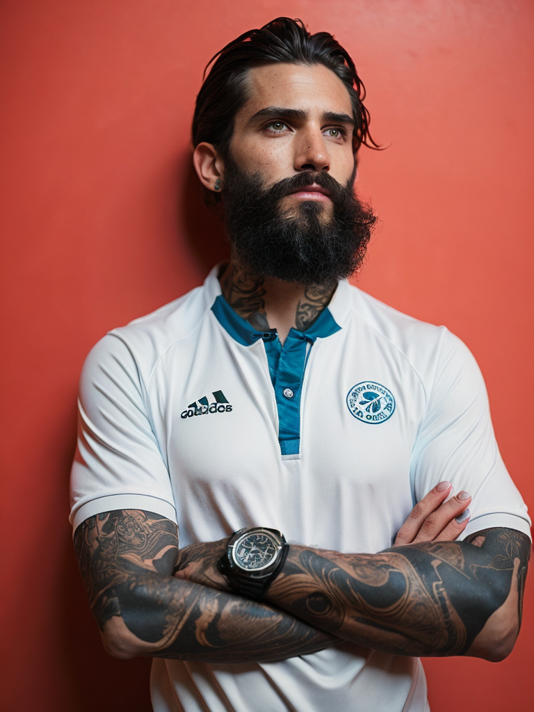 a tattooed soccer player with long black beard stands in a front of the bright yellow wall