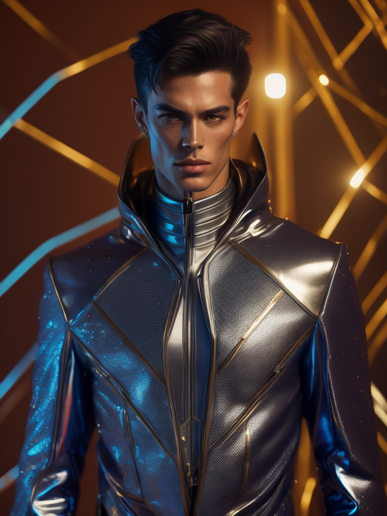 Male super model in a shiny metallic suit, Movie light, Photography, studio photo, professional photo, Rich colors, Detailed image, detailed face, style of James Bidgood