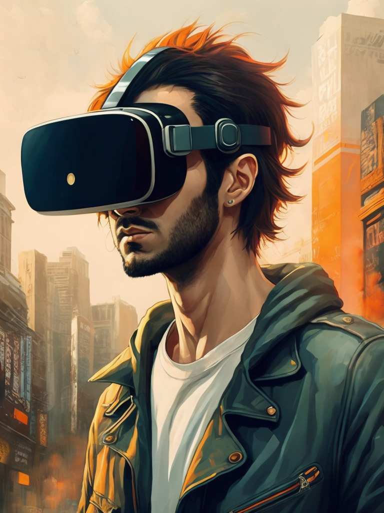 Vintage 90's anime style. a lonely men wearing a virtual reality headset walking in the street