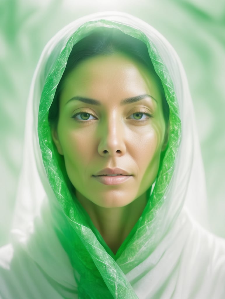 Portrait of a woman experiencing spiritual experience, wrapped green film