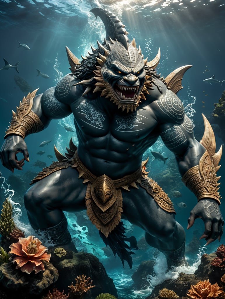 Fijian water god depicted as a shark god or a shark-human hybrid. He is often visualized as a muscular, fearsome warrior with shark attributes who protects fishermen and brings good luck to the Fijian people. Dakuwaqa is also said to have the ability to shape-shift between a shark and a human form, showcasing his strength and supernatural powers. He is said to engage in battles with other sea gods and to have a fierce, protective nature, safeguarding the people of Fiji from dangers at sea.