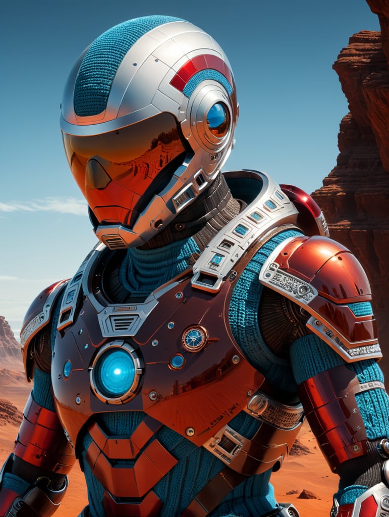 Minimalist fashion, astronauts, Futuristic, movie still, Mars, Knitted Vests, aztec art, dark and intricate, colorful, grotesques, sculpted, style ezpressive, mars, foil, glass, Futuristic robot. Color Palette: Silver, reddish-brown, deep red, dark gray, sky blue