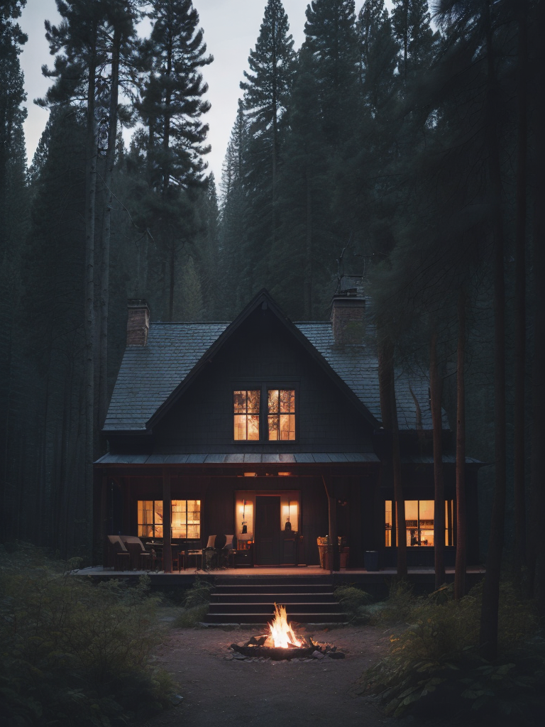 Illustrate a cozy cabin in the woods surrounded by tall pine trees and a crackling fireplace