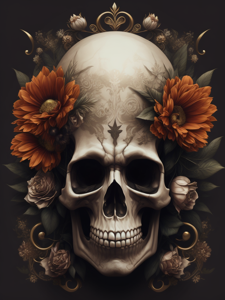 vector art of skull and flowers in the background, inspired by Japanese tattoo