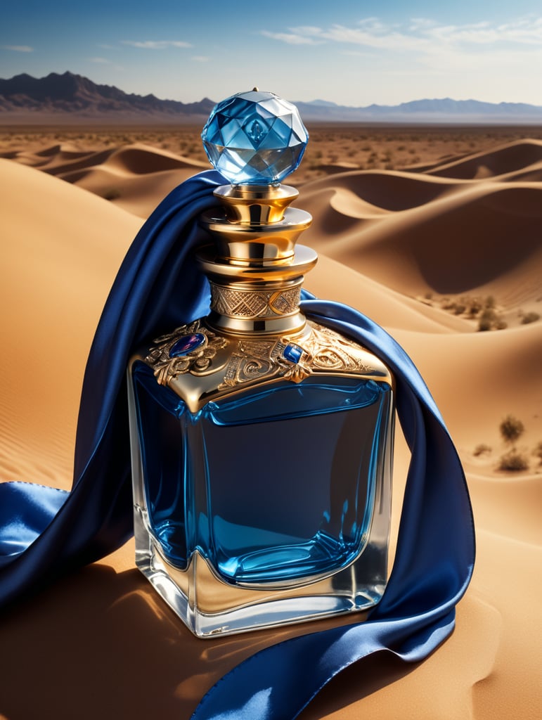 professional photography of a luxury perfume bottle in the desert, Blue satin scarf in the background, no label, clear, mockup