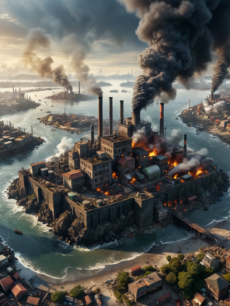 climate change and pollution, fabrics producing smoke on a coast city, people being distraught and unhappy