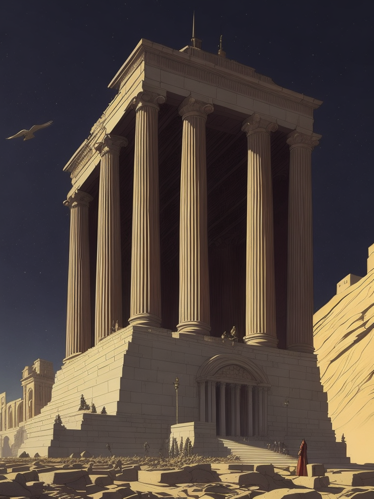 the parthanon designed by Giorgio de Chirico old and crumbling, ancient ruin Remnants of a futuristic highly developed society, machine-like lines, poster art style, magic atmosphere, desertcore, grimdark, drawn and colored by Michael Whelan, ink marks, fine lines, bold painterly brush strokes