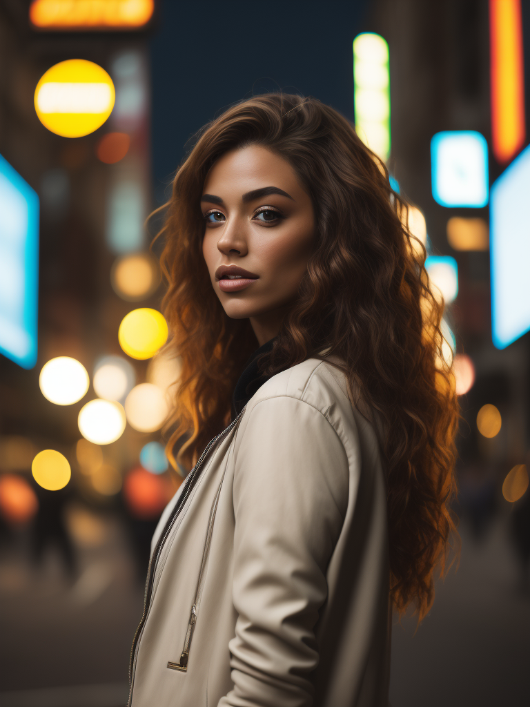 a feisty rebellious young woman in her early twenties, with tan skin, soft lush curly warm brown hair, and freckles, stands in a bustling colorful city at night. she is wearing a white outfit