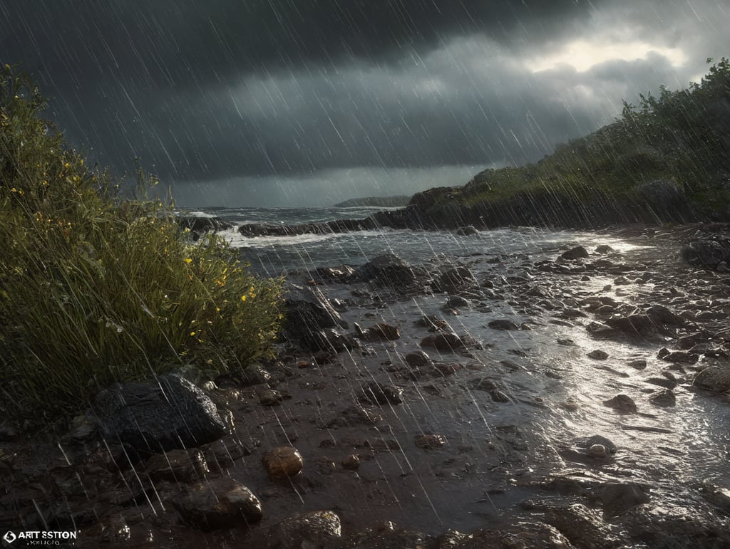 Harsh storm, rain, coast, nordic, low sun, dramatic, photo-realistic, intricate details, cinematic lighting, close up rain drops, 8K, hdr, octane render