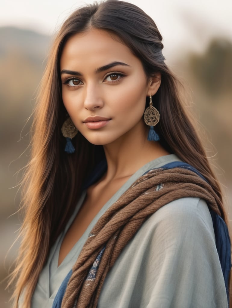 Gorgeous prettiest beautiful young adult women mixed ethnic half Albanian Italian women model, no-makeup, natural face, long single dark braid tied back hanging down back, big brown eyes, blue scarf over head