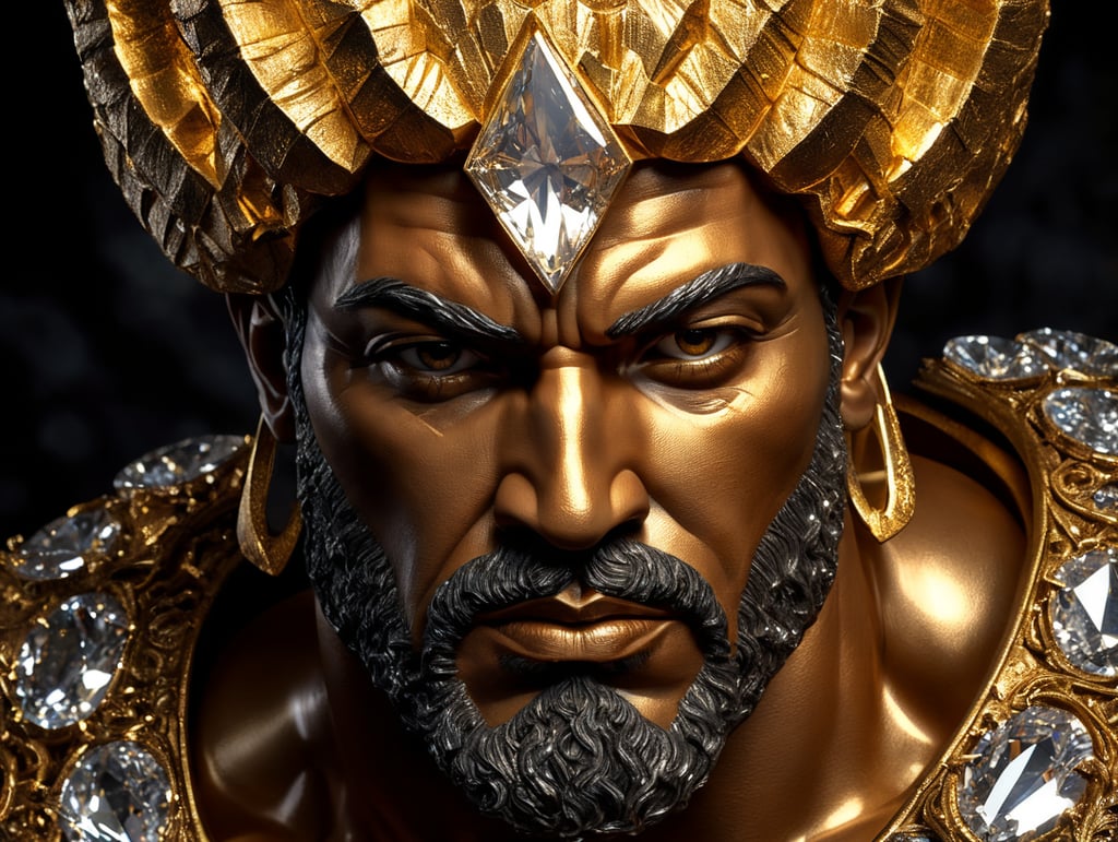 A cracked Diamond sculpture of a god Hercules head with gold inside, Gold Dramatic studio lighting, dark background