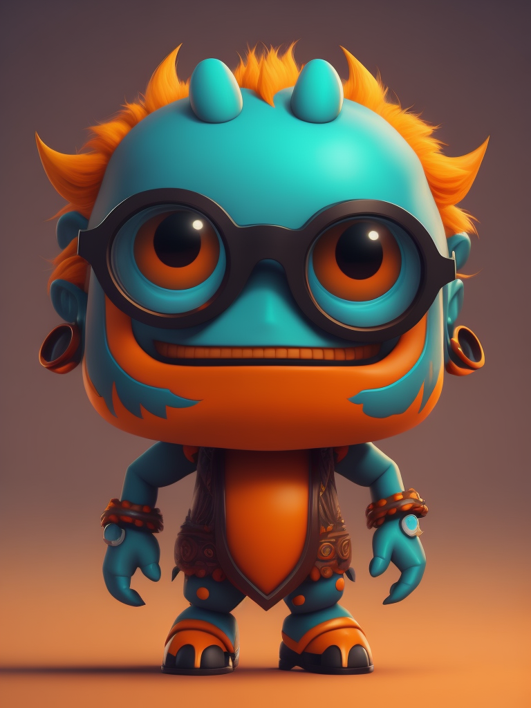 game character monster, a cute monster character with glasses, orange color, funko pop, vibrant gradient background,