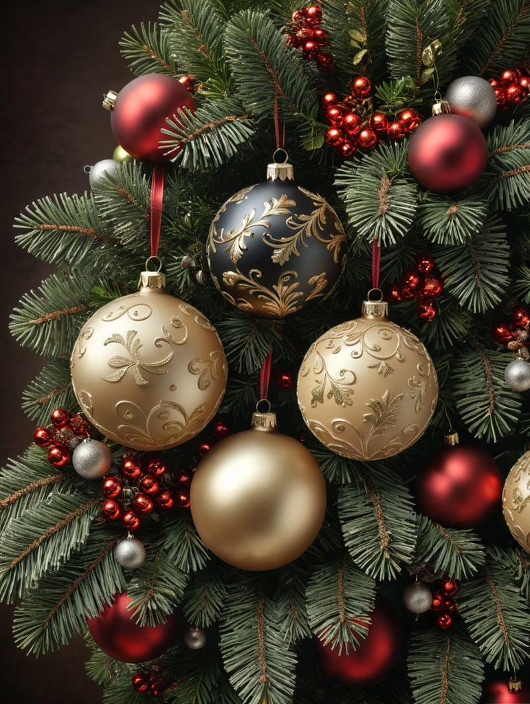 christmas balls and Mistletoe on pine branches, two shades of beige