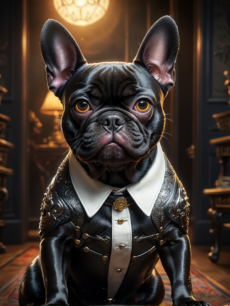 Disney Pixar inspired movie poster with the title Finick in the image a Black French bulldog with a white spot on his chest