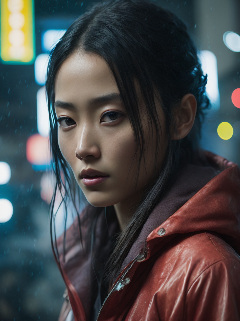 Portrait of Kaori from akira wearing transparent raincoat, rainy neo tokyo photoshoot, cyberpunk, Vivid saturated colors, Contrast light, studio photo, professional photo, Detailed image, detailed face
