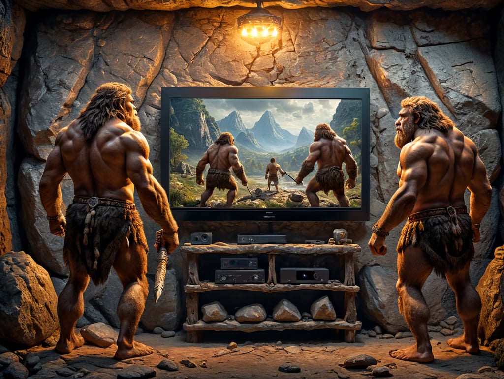 Два Неандертальца несут в руках Led телевизор с распродажи. Каменный век.