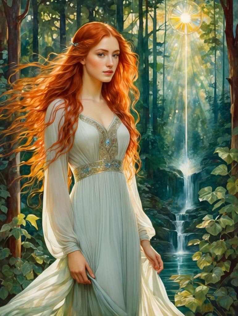 A red-haired young beautiful girl with long hair and a light dress against the backdrop of a dense forest, painting, oil, water color, Gouache, Stained Glass, style of Edward Burne-Jones