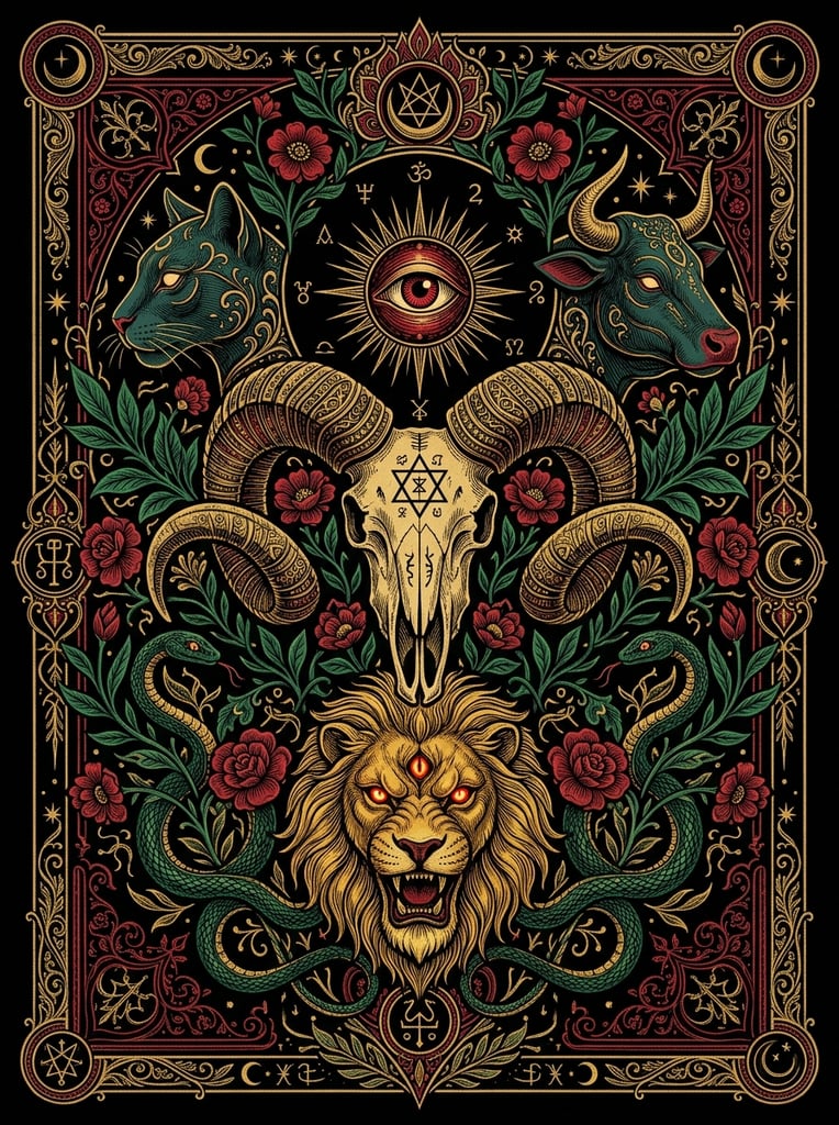 Symmetrical occult illustration on a black background centering a horned ram skull beneath a red single-eye emblem. Dark teal feline and bovine profiles flank the skull above a golden three-eyed lion head. Intricate green leaves, red flora, and coiled snakes densely pack the composition, rendered with detailed line work in a rich gold, crimson, and deep green palette.
