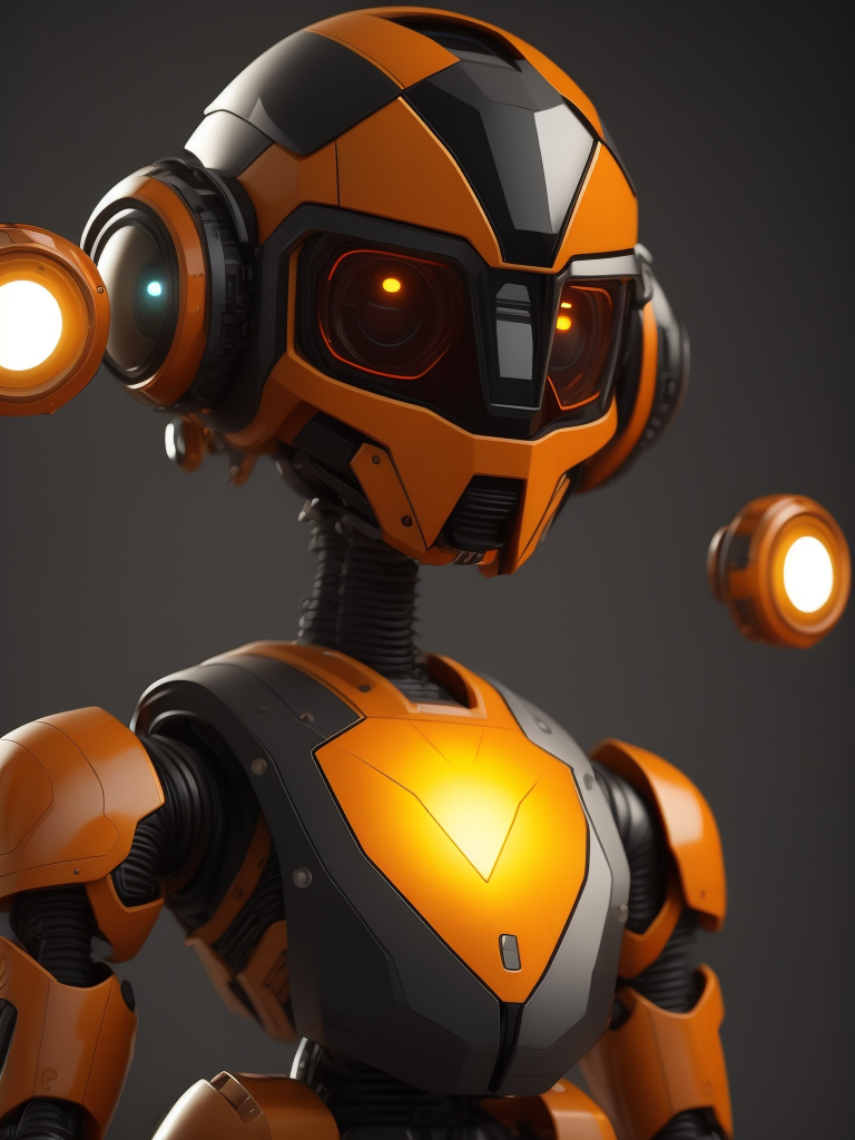 Robot AI màu cam và đen, lùn và dễ thương, mô hình 3d đơn giản, mang áo khoác và mắt kính