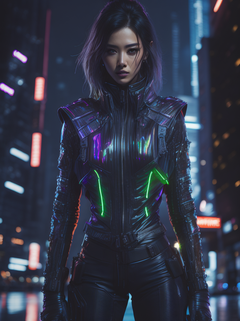 A woman wearing holographic cyberpunk clothing, surrounded by neon-lit cityscape reflections, vray render, ray tracing, subsurface scattering, by Josan Gonzalez and Liang Mark