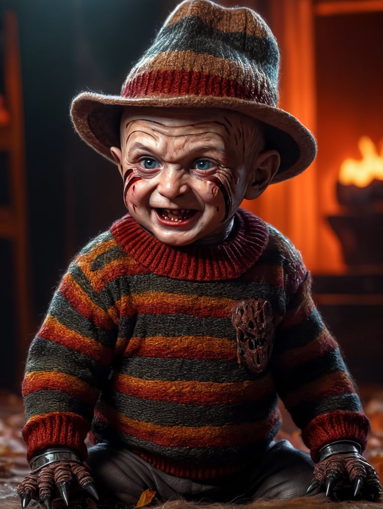 Freddy Krueger as a little cute baby, metal claws, sweater with stripes, hat, Halloween, Vivid saturated colors, Contrast color