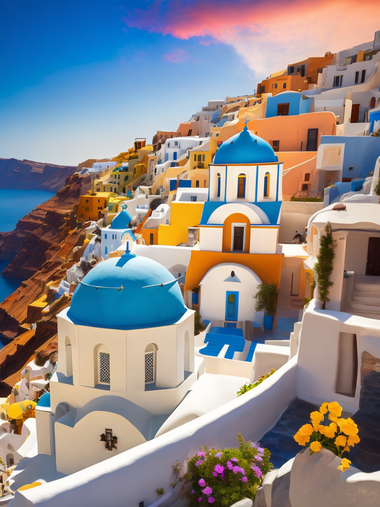Greece Santorini, Vibrant colors, High detail,