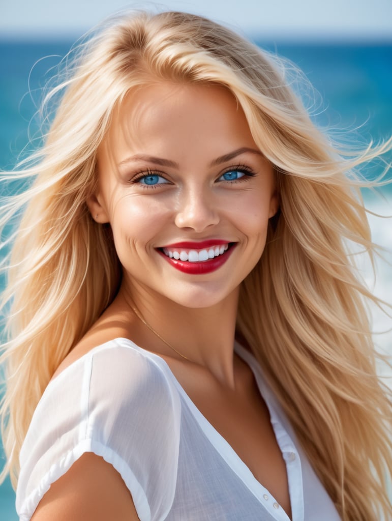 Portrait of a very nice and cute young woman 20 years old as pamela anderson, long blond hair in the wind, perfect blue eyes, perfect smile, wearing an open white shirt or red swimsuit in a ocean background