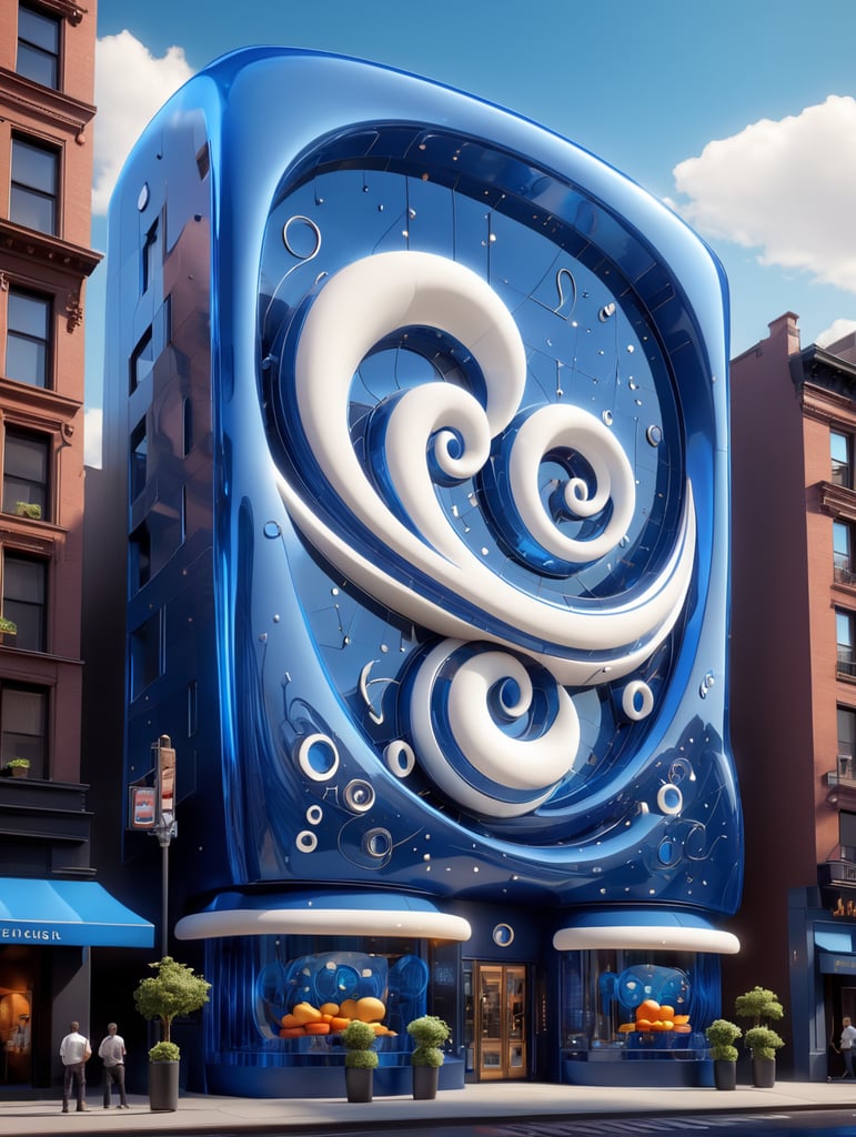 A futuristic neocosmic architectural facade of à Restaurant on the form of a musical note, in New York city, in blue glass, hyper realistic, hyper detailed, Nikon camera