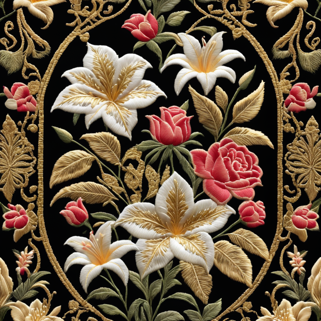 image of an embroidery in metallic gold thread, representing roses and lilies, Sevillian Baroque style, typical of Holy Week in Seville, on a luxurious black cloth, with discreet shadows and volumes, surrounded by a frame of natural wild flowers, embroidered in silk thread, bright and cheerful colours, very detailed, sharp focus, spectacular lighting, depth of field, photographic quality, high resolution, graphic design style, cultured, elegant, fashionable,