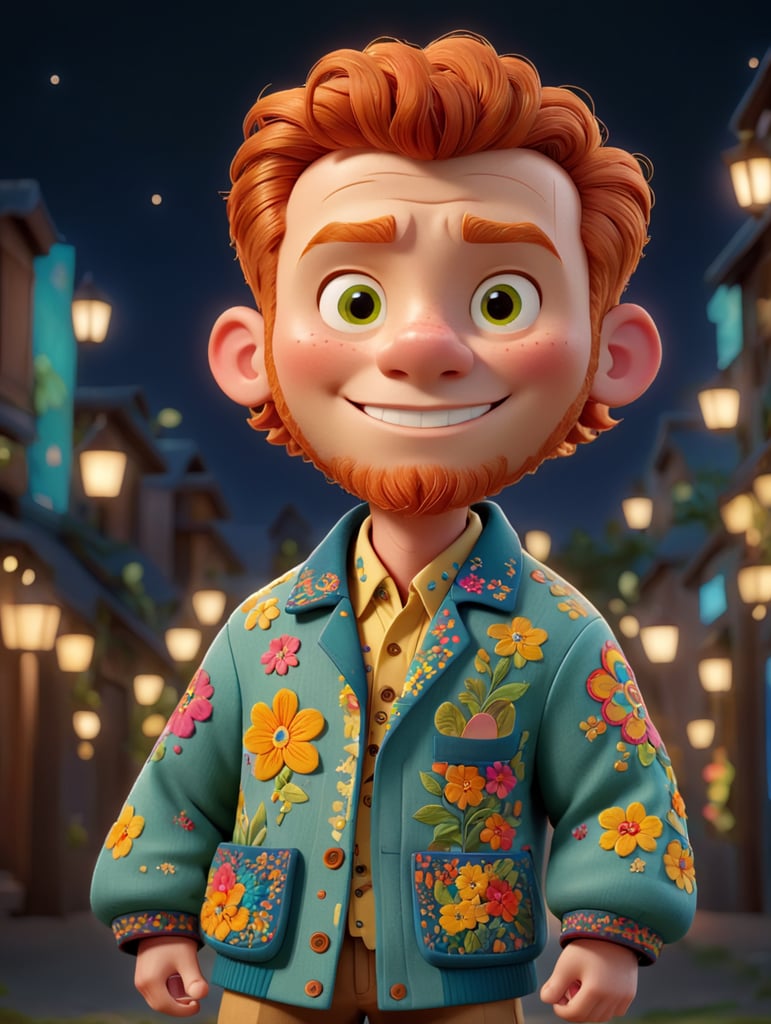 Beautiful ginger man with freckles, wearing a colorful, vibrant, detailed embroidered jacket, medium-full shot, at night