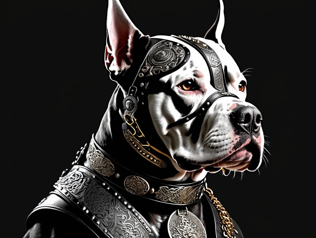 Pitbull with Samurai helmet and tribal harness, peak colar on a dark background