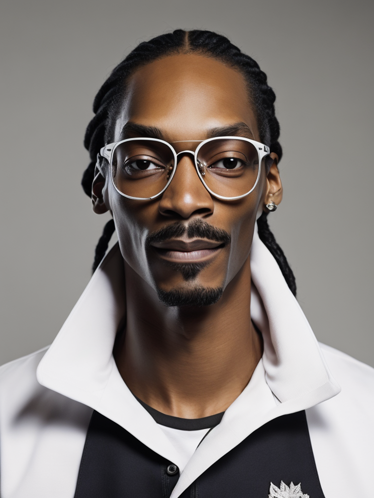 Portrait of Snoop Dogg with white skin and blond hair, glasses and mustache