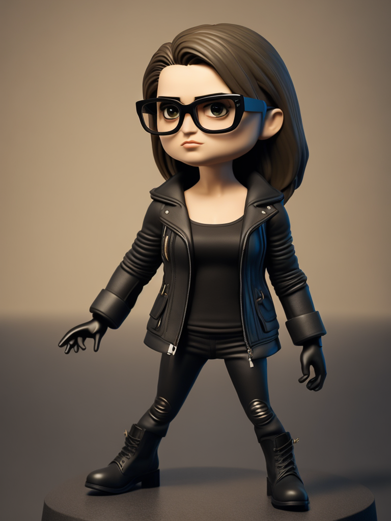 Full body Plastic figurine of a brutal chick, black glasses, leather jacket, black boots, 3d octane render, funko pop,