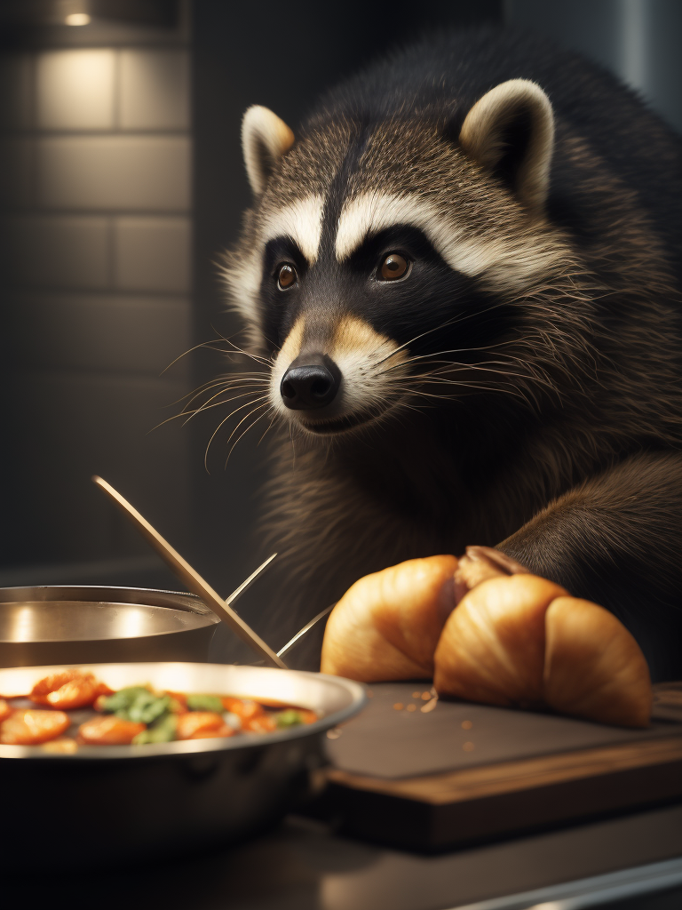 A chef racoon cooking scallops, wearing a chef hat, in a kitchen, professional