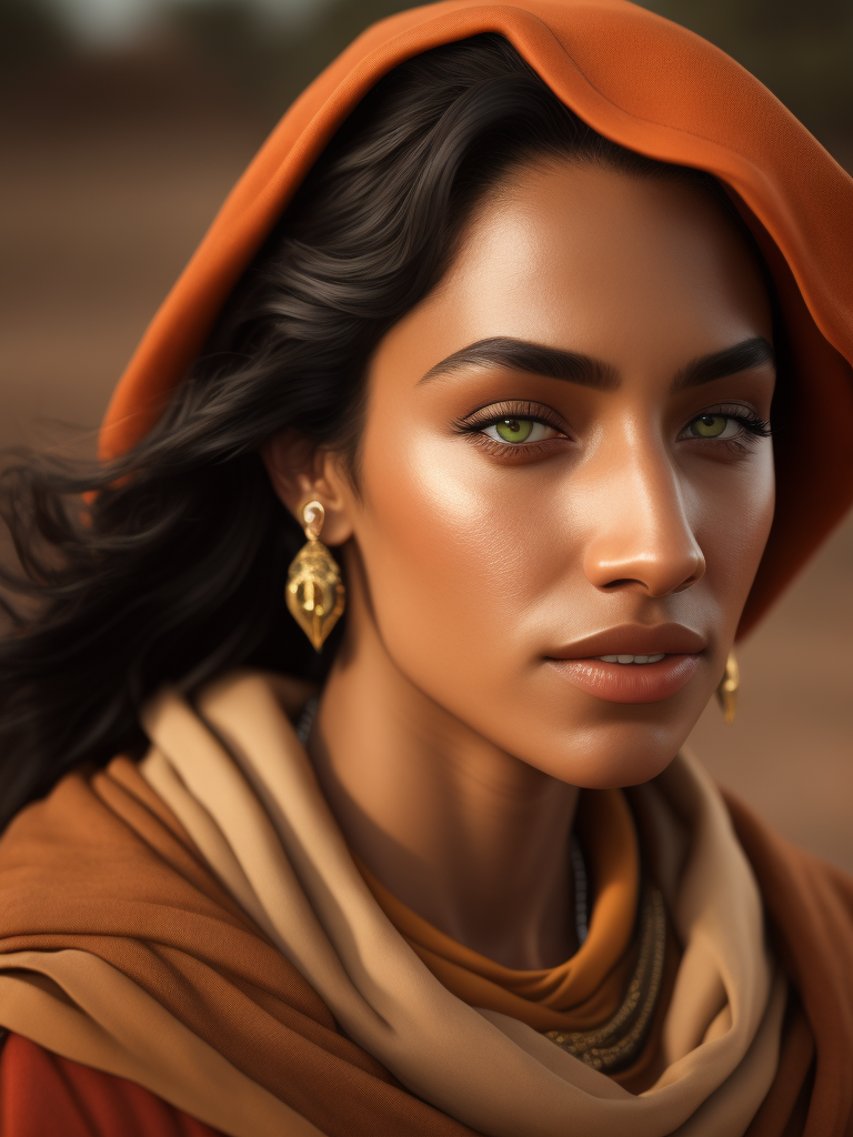 a photorealistic image of an Israeli woman from the Bible, green eyes, olive skin, tanned, extremely detailed, realistic face, natural skin texture, extremely detailed skin with skin pores, peach fuzz, wearing red linen clothes, Israeli beauty, award winning photo, nikon d850 film archival photography, extremely detailed, amazing, fine details, rich color, texture hyper realistic, spectacular lighting, unreal engine, trending on artstation, side view, 3 4 body view, realistic photo, RAW photo, high quality, high resolution, sharp