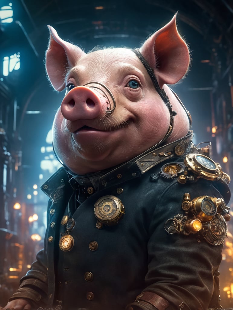 Pig style steampunk and Cyberpunk in dystopian environment