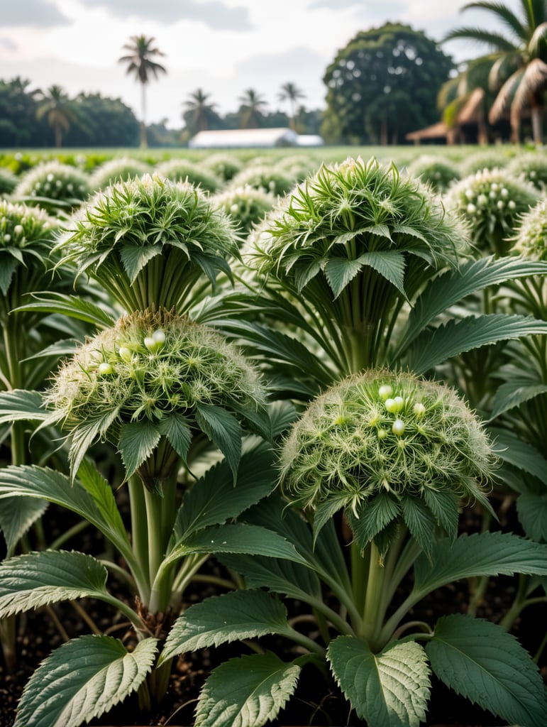 cannabis plants with bulbs of garlic on top in a field of onions on a tropical island