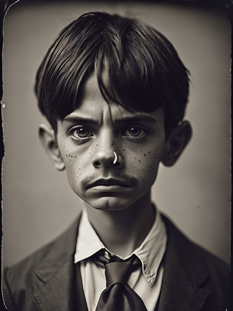 a wet plate photograph of a scary Pinocchio with dark bob haircut, neutral emotions on his face