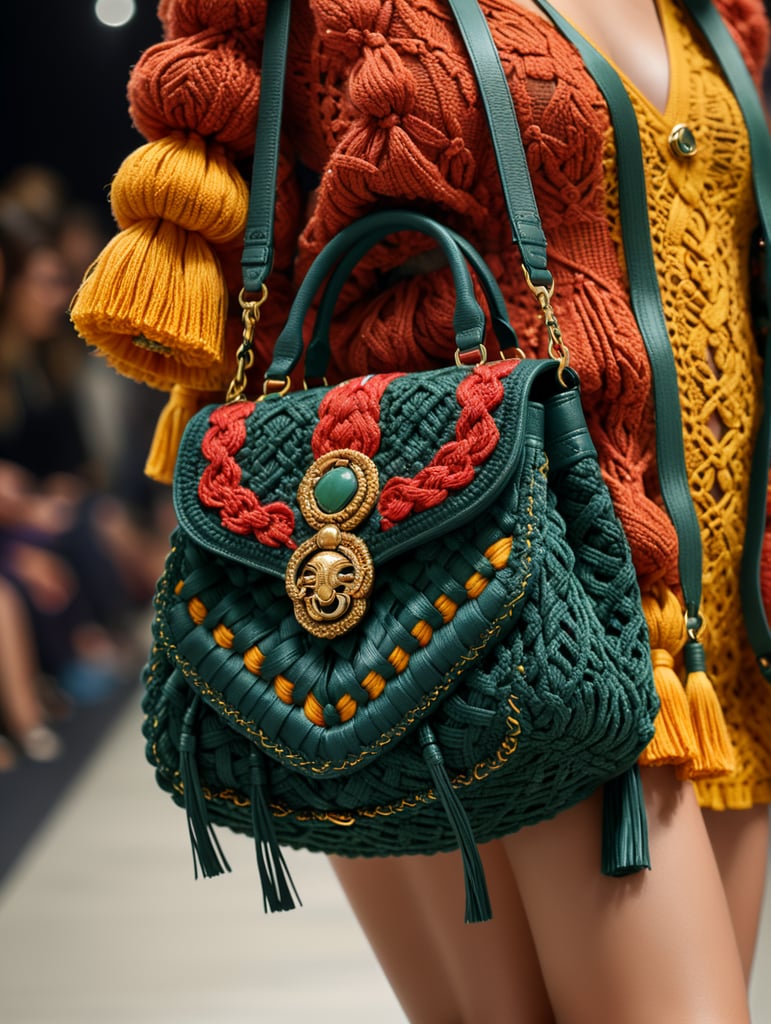 a closeup photo of a small puffy macrame purse made with puffy cords, a Gucci model standing on a runway holding bag with one hand, vogue fashion show, autumn colors