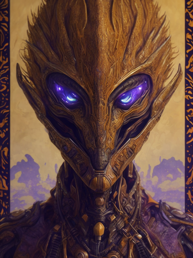 Portrait of an alien, batik, intricate details, surreal, Alien, Cyberpunk Trashcore Style, brown orange beige and purple, s 1000