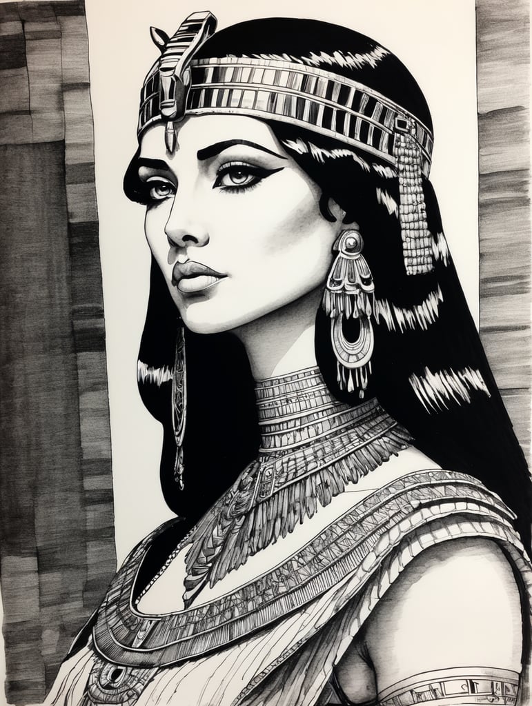 Cleopatra, Ink pen sketch, low light, low detail,