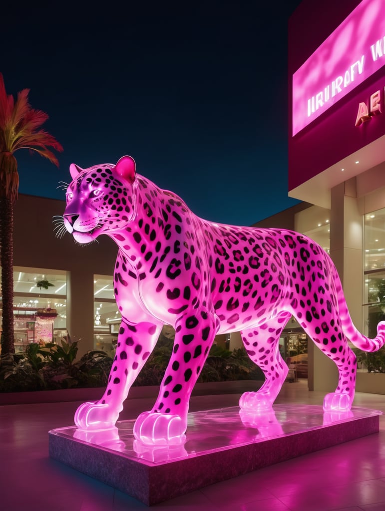 extra wide shot realistic translucent irridecent pink jaguar spirit animal in 90s mall at night