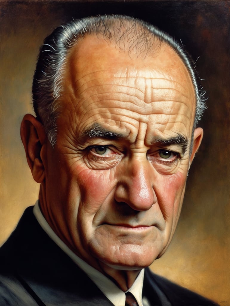 Portrait of Lyndon B. Johnson by Rembrandt Harmenszoon van Rijn, sad face, America, so sorry