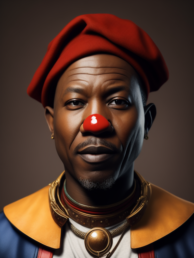 Julius Malema wearing a circus clown outfit with clown make up with a red beret on top of his head