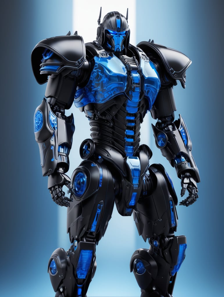 Matte black and blue mecha armored sith lord, black on blue, octane render, translucent, transparent, robotic detailing, realistically detailed, soft light, evoking,