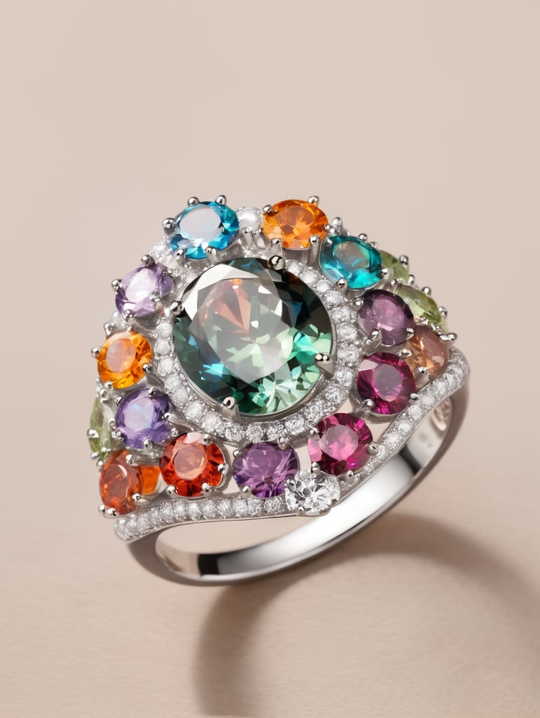 Platinum queen ring with colourful gems