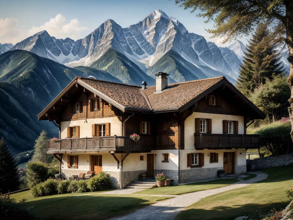 Watercolour sketch of a mountain Austrian chalet
