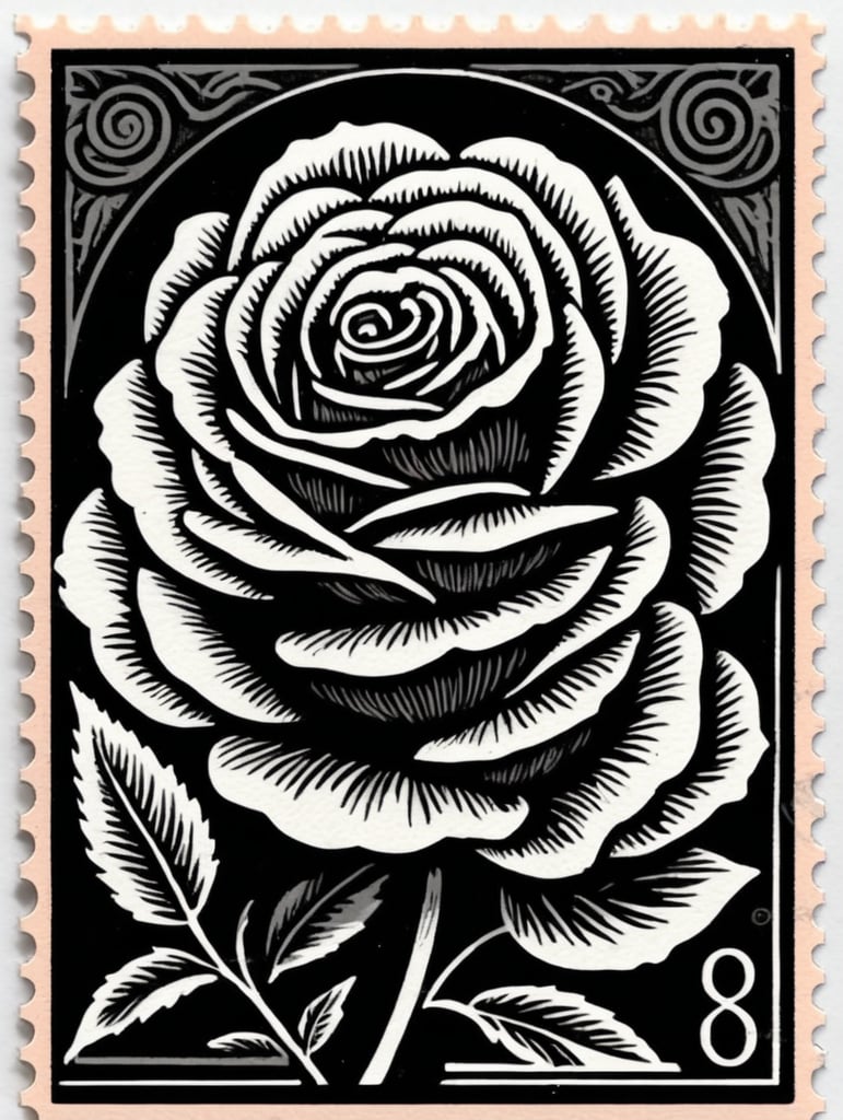 Black and white linocut postage stamp king with rose thick bold dark lines